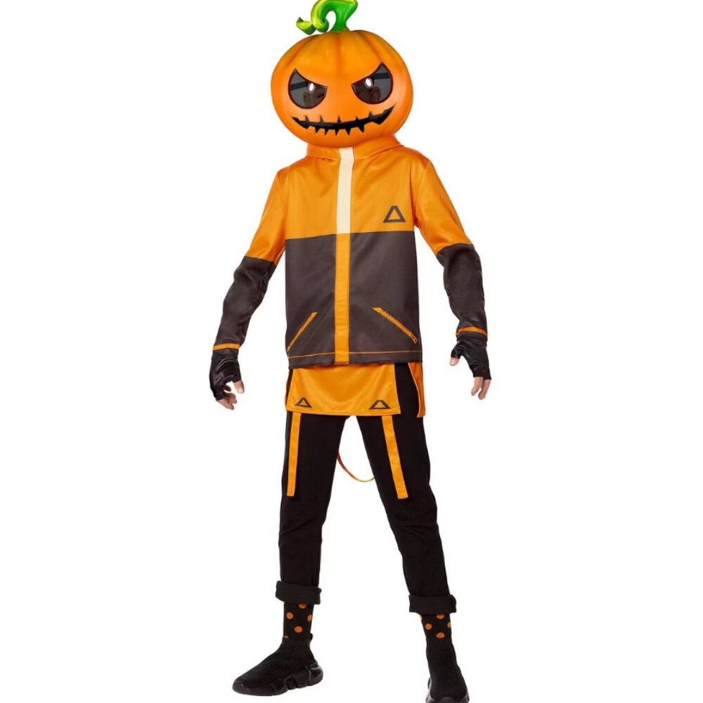 Fortnite Punk Halloween Costume 10/12 Orange Jumpsuit Mask Unisex Pumpkin